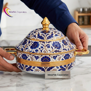 Arabic Style Ramadan Stainless Steel Food Warmer Durable Rust Proof Blue Floral Design Casserole Luxury Hot Pot Serving Dishes - Product Image 3
