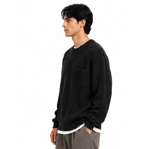 Men's Black Ribbed Knit Sweater Lantern Sleeve Front Pocket Solid Color 100% Acrylic Standard <b>Thickness</b> Knitted Sweaters - Product Image 3