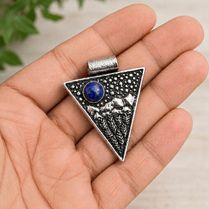 Artisan Brass Lapis Lazuli Triangle Pendant Handmade Gold/Silver Plated Unisex Gothic Boho Statement Jewelry Wholesale - Product Image 2