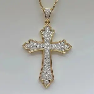 Pendentif Croix pour Femme en Moissanite Véritable 2 carats, Coupe Ronde, Argent Sterling Plaqué Or Jaune 14K, Style Hip Hop - Product Image 3