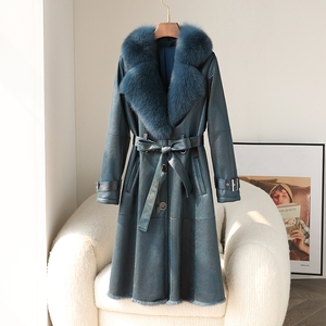 Parka longue tendance en cuir véritable écologique avec col en fourrure de renard et ceinture, manteau d'hiver pour femme de haute qualité - Product Image 3