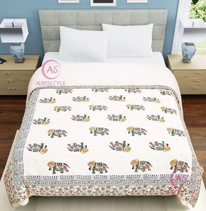 Couette/Razai en coton imprimé floral éléphant de Jaipur, légère, toutes saisons, 85x55 pouces, style bohème - Product Image 1