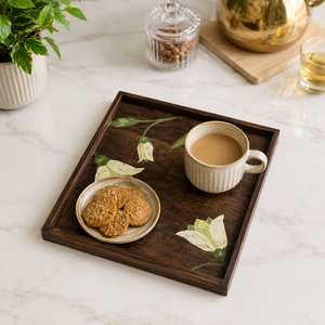 Plateau de service en bois de manguier de qualité supérieure avec incrustation florale |   Plateau carré décoratif fait main, élégant, pour la table de salle à manger ou comme accent de table centrale. - Product Image 3