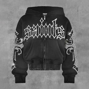 Sweat à capuche surdimensionné décontracté pour homme, 100 % coton épais, avec fermeture éclair intégrale, imprimé numérique personnalisé et strass, collection hiver 2026 - Product Image 2
