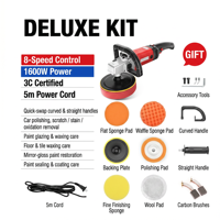 Polisseuse électrique pour voiture 1600W 7 pouces, kit de polissage à 8 vitesses variables, faible vibration, poignée ergonomique, longues poignées latérales en D, tampons en laine et mousse