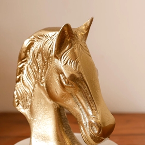 Luxury Metallic <b>Gold</b> Horse Head Bust <b>Statue</b> Sculpture Figurine on White Marble Pedestal Accent for Modern Living Room Decoration - Product Image 4