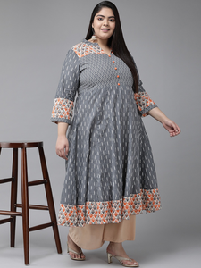 Kurti Anarkali en coton grande taille pour femme, avec motif gris imprimé Ikat, col mandarin et manches trois quarts - Product Image 2