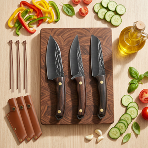 Juego de cuchillos de cocina de acero inoxidable de 3 piezas hechos a mano con mango de madera de palisandro y funda de cuero fino, cuchillo para acampar, cuchillo para barbacoa - Product Image 1