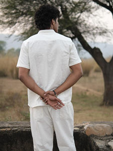 Premium <b>Men</b> Handwoven White Cotton Mandarin Band Collar Short Sleeve <b>Kurta</b> Shirt Eco-Friendly Breathable Summer Fashion - Product Image 4
