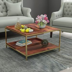 Mesa de Centro Moderna de Madera Sheesham y Metal Dorado – Mesa de Centro de 32 Pulgadas con Dos Estantes para Sala de Estar - Product Image 1