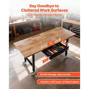 Banc de travail en bois de chêne réglable de 60 x 24 pouces, capacité de 2000 livres, table de travail en bois massif robuste pour garage, atelier, bureau à domicile - Product Image 3