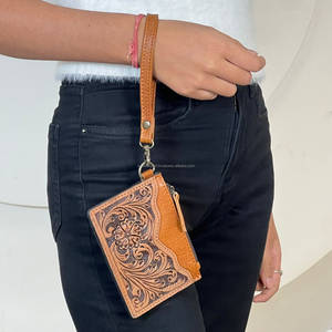 Designer Luxury Hand Tooled Genuine Leather Zipper Closure Mini <b>Wallet</b> Floral Carving Coin & ATM <b>Card</b> <b>Holder</b> Wristlet For Women - Product Image 3