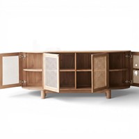 Buffet moderne Japandi en teck massif avec portes en rotin naturel, meuble TV écologique style ferme pour salon et entrée