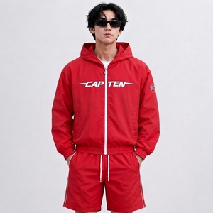 Custom Unisex Polyester Windbreaker Two Piece Set Lightweight Full Sleeve <b>Zip</b>-<b>Up</b> <b>Jacket</b>&Shorts Regular Fit Streetwear Tracksute - Product Image 1