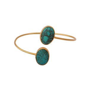 TURQUOISE OPEN BANGLE - Oval Shape Cabochon Gemstone Adjustable Cuff <b>Bracelet</b> - Gold Plated Brass Jewelry by Beau Glint - Product Image 3