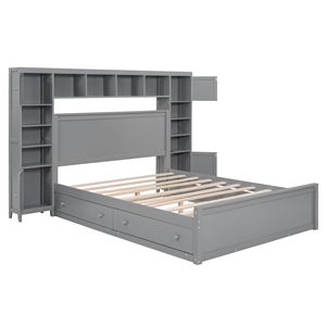 Queen Size Wooden Bed with All-in-One Cabinet Shelf <b>Sockets</b> <b>Twin</b> XL Trundle in Gray - Product Image 4