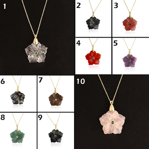Stanning bronzite carved flower pendant necklace <b>with</b> pink cubic zirconia accent 18k gold plated brass metal <b>cable</b> chain jewelry - Product Image 2