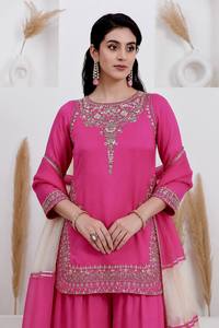 Pink Embroidered Salwar Kameez Set Heavy <b>Sequin</b> Work Crepe <b>Top</b> Palazzo and Dupatta Ready to Wear for Wedding <b>Party</b> - Product Image 3