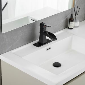 Rubinetto per lavabo a cascata nero a 1 foro con maniglia singola, scarico a scomparsa, tubi di alimentazione e piastra di montaggio - Categoria Prodotti: Rubinetti Bagno - Product Image 2