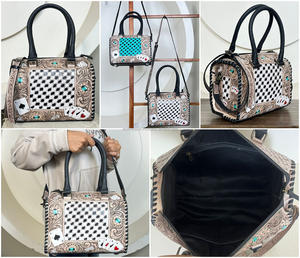 March Expo Hand Tooled Cow <b>Leather</b> Speedy <b>Bag</b> With Black & White Checkered Floral Carving & Card Design Shoulder <b>Bag</b> for <b>Women</b> - Product Image 3