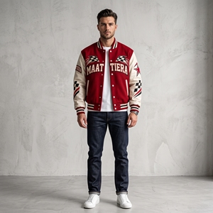 Maattiera <b>Jacket</b> <b>Men</b> Red <b>White</b> Embroidered Lettering Checkered Pattern PU Leather Casual Autumn Wear - Product Image 5