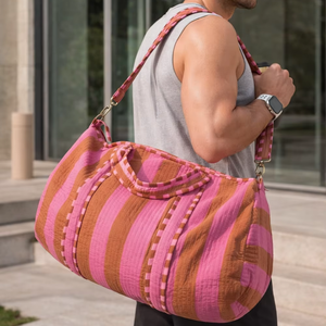 Handmade Striped Quilted Eco-friendly Cotton Gym Duffle <b>Bag</b> Organic Cotton Polyester Lining Adjustable Strap 20-<b>30L</b> Capacity - Product Image 1
