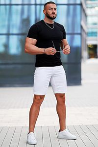 Shorts en jean blanc pour homme, taille mi-haute, coupe droite, décontracté, été, coton respirant, tissé, délavage classique - Product Image 3