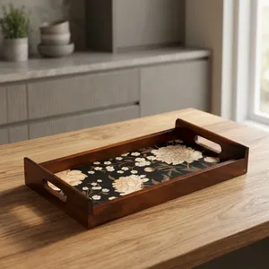 Wooden Serving <b>Tray</b> with Handles Solid Teak Wood Frame Decorative Black Floral Tea Coffee Breakfast Serving <b>Tray</b> for <b>Kitchen</b> - Product Image 3