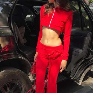 Women's Premium Cropped Tracksuit 2026 <b>Red</b> Slim Fit Full Zip Hoodie and Bow-Knot Low Rise <b>Flare</b> Pants Streetwear Outfit HD - Product Image 4