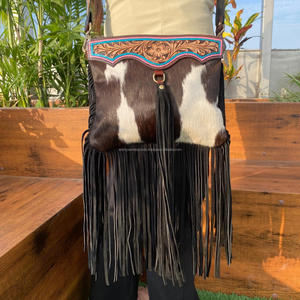 Bolso cruzado con flecos de cuero con pelo occidental para mujer, bolso con borlas florales de cuero genuino personalizado, bolsos de piel de vaca - Product Image 3