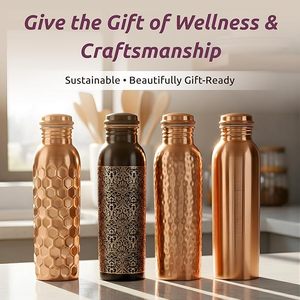 Eco Friendly Hammered Pure Copper Water Bottle Set with Reusable Copper Straw and Kraft Gift Box Leakproof Ayurvedic <b>Drinkware</b> - Product Image 2