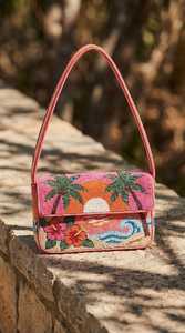 Bolso de Hombro Rectangular Bordado a Mano, Lavable, para Uso Diario, Diseño de Palmera Tropical y Atardecer Rosa, con Cuentas de Vidrio - Product Image 1