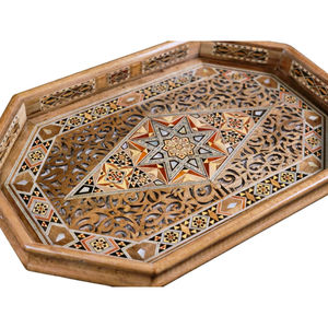 Plateau de service octogonal en bois de noyer et incrustations de nacre, mosaïque syrienne marocaine faite à la main de haute qualité, plateau de table basse - Product Image 1