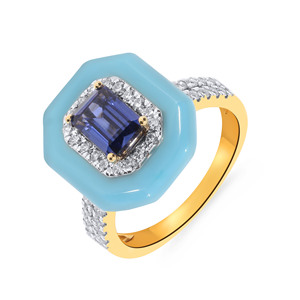 Premium 18K Yellow Gold Emerald Cut Blue Sapphire Diamond Halo <b>Ring</b> with <b>Turquoise</b> Enamel Statement Design for Women - Product Image 1