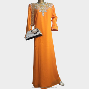 Orange Luxury Kaftan <b>Dress</b> with <b>Silver</b> Gold Embroidered Neckline and Cuff Detail for Wedding Party Wear - Product Image 1