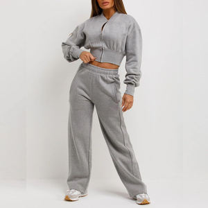 Ensemble de survêtement 2 pièces pour femme, coupe classique, haut court uni à capuche, en molleton de coton écologique, style vintage, séchage rapide, respirant - Product Image 3