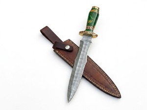 Couteau en acier de Damas, lame à pointe tombante, manche vert, accents dorés, couteau de chasse - Product Image 5