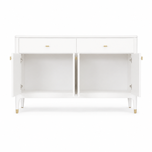 Buffet moderne en bois massif blanc avec quincaillerie dorée, 4 portes, 2 tiroirs, console de rangement pour salon et salle à manger - Product Image 5