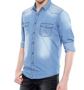 Camisa de Mezclilla Azul Claro para Hombre, Manga Tres Cuartos, Corte Regular, Color Sólido Informal, Cuello Clásico, Transpirable, Algodón Lavado a la Piedra - Product Image 6