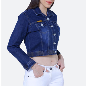 Veste en jean courte décontractée pour femme, col rabattu, fermeture en coton, manches longues, style printemps - Product Image 2