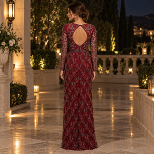 Robe de soirée ornée de paillettes |   Robe de soirée longue à manches longues et col en V avec dos ouvert, longueur au sol, pour fêtes, mariages et événements élégants - Product Image 4