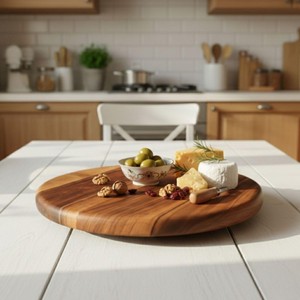 Plateau tournant rond en bois rustique avec fromage et olives, design minimaliste pour utilisation sur table - Product Image 2
