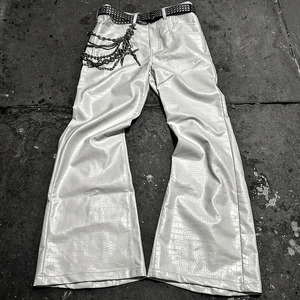 <b>Men's</b> High Waisted Silver <b>Flare</b> Pants With Crocodile Texture And Belt Street Style Spring Wear - Product Image 5