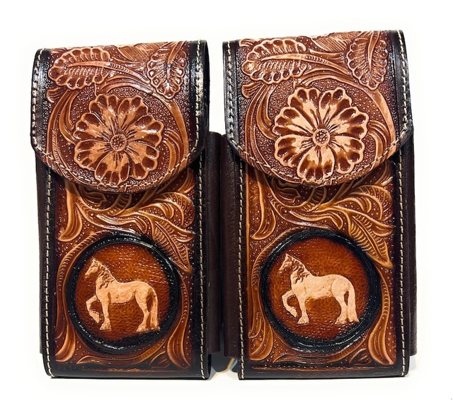 Cowboy Full Grain Leather Phone case with Floral & Horse Tooled Leather Phone Wallet with Stron Magnetic Strap Personalised Gift