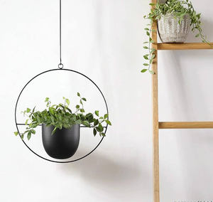 Pot suspendu circulaire minimaliste en métal pour décoration intérieure de plantes vertes avec pot noir et design mural - Product Image 1