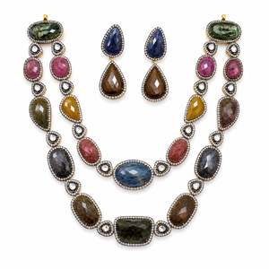 Parure Collier et Boucles d'Oreilles en Argent 925 Plaqué Or avec Pierres Précieuses Multicolores pour Femme, Bijoux Ethniques de Mariée, Idéal Cadeau - Product Image 5