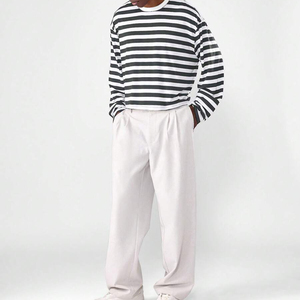 New Arrival Basic Style Solid Long Sleeve Men's Summer Casual Crew Neck Hip Hop Plus Size 100% Cotton Striped Shirt Men - Product Image 3