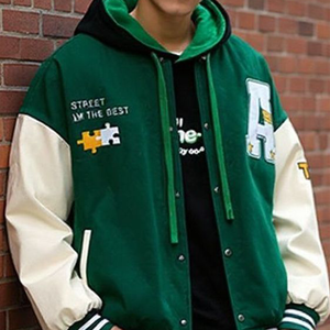 <b>Men</b> Green Hooded <b>Varsity</b> <b>Jacket</b> Letter Patch Streetwear Style Regular Fit Polyester Cotton Material wool leather chenille custom - Product Image 4