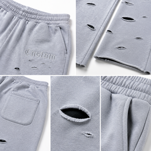 Pantalon de survêtement large premium effet vieilli, coupe déchirée, ourlet ouvert décontracté, taille élastique, style streetwear épais - Product Image 4
