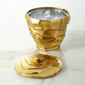 Stunning <b>Gold</b> Metal <b>Ice</b> <b>Bucket</b> Features An Asymmetrical Chiseled Rock Texture Matching Sculpted Lid And A Faceted Handle Scoop - Product Image 5
